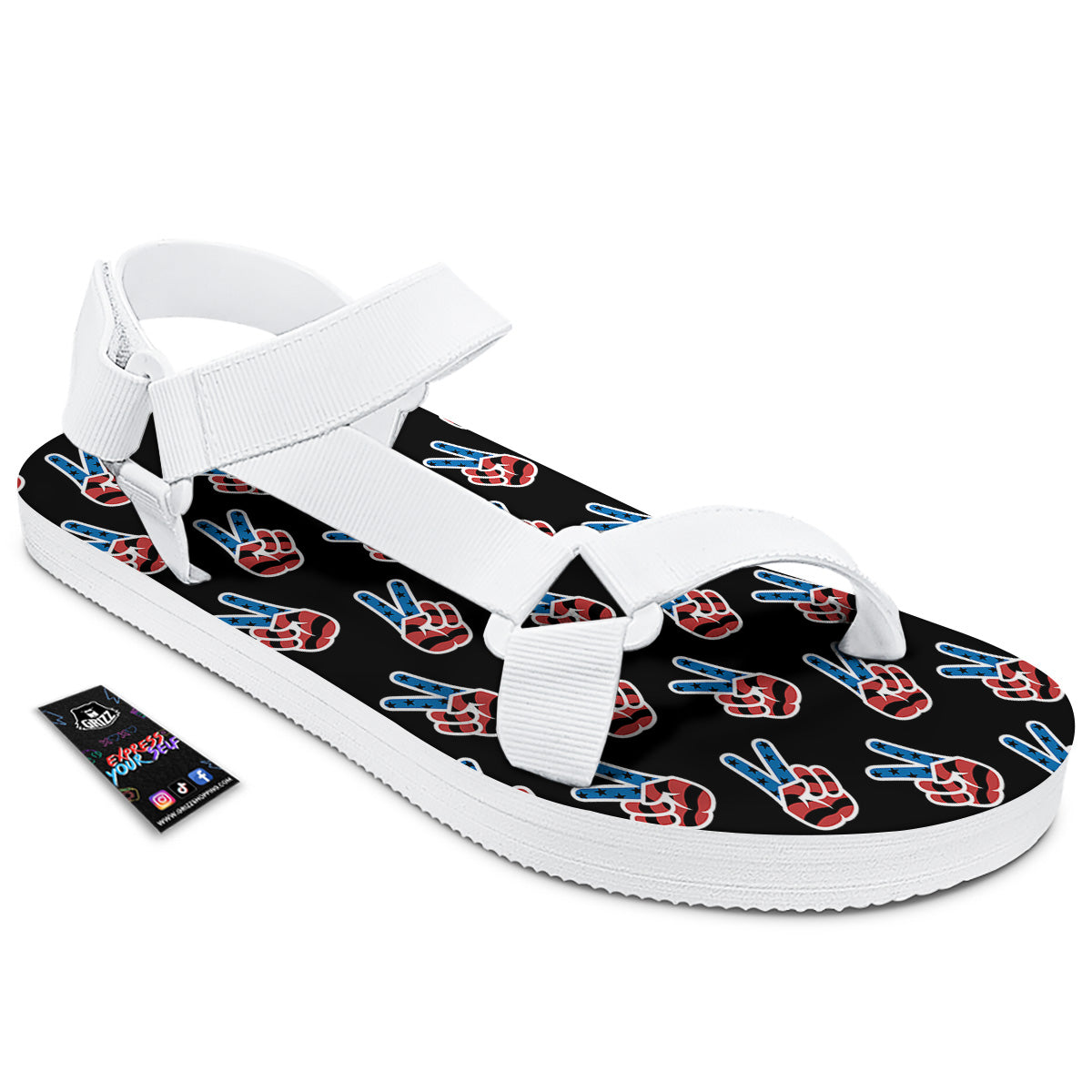 Peace Sign American Patriotic Print Pattern White Open Toe Sandals-grizzshop