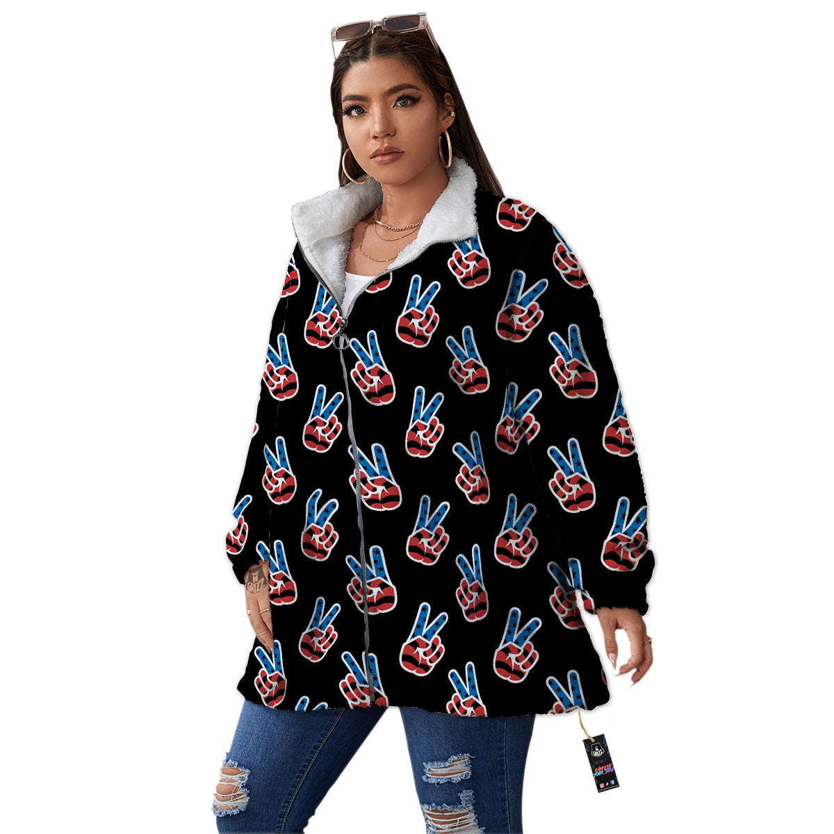 Peace Sign American Patriotic Print Pattern Women's Sherpa Jacket-grizzshop