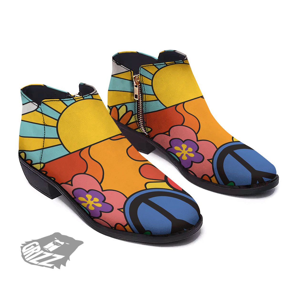 Peace Sign Hippie Flower Print Ankle Boots-grizzshop