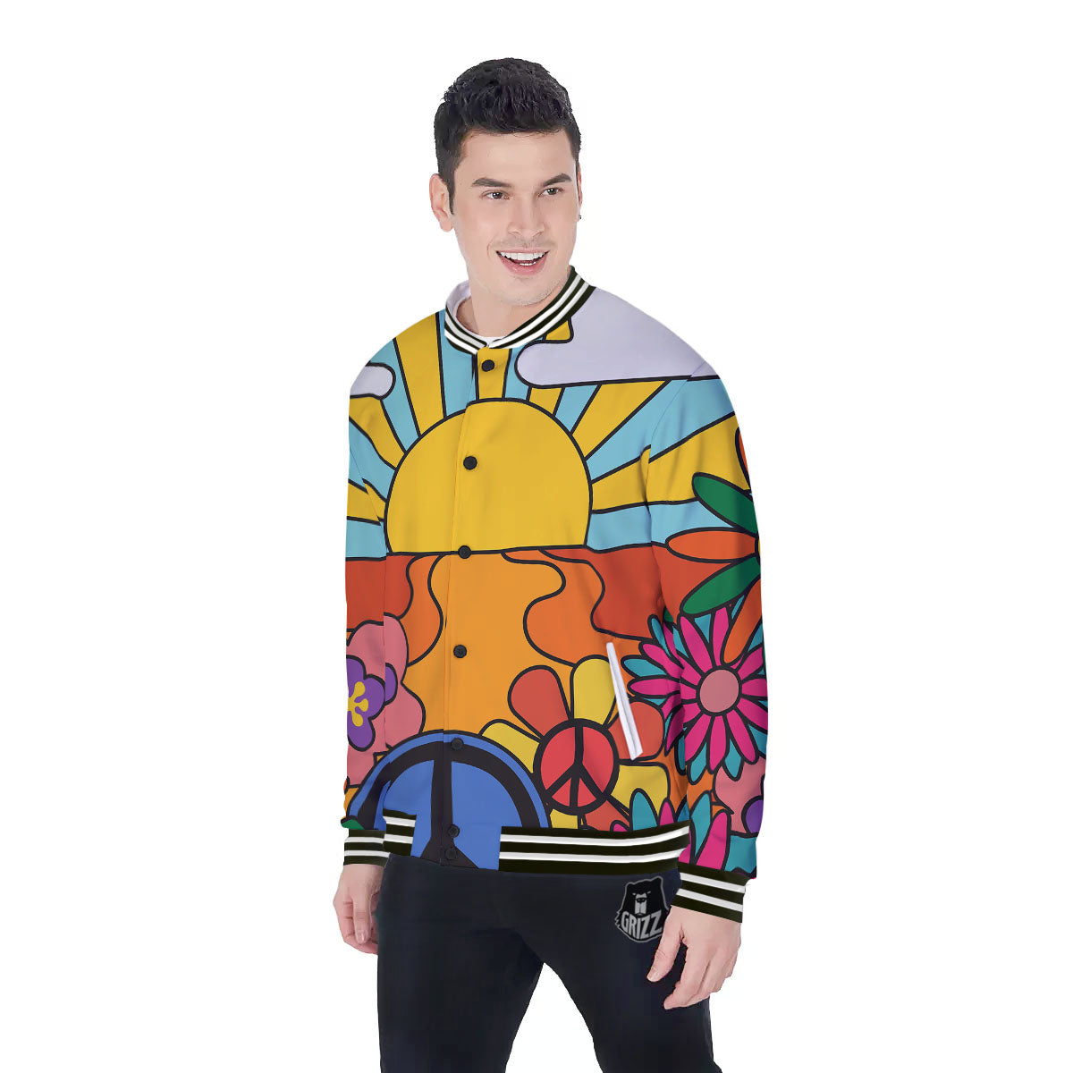 Peace Sign Hippie Flower Print Baseball Jacket-grizzshop