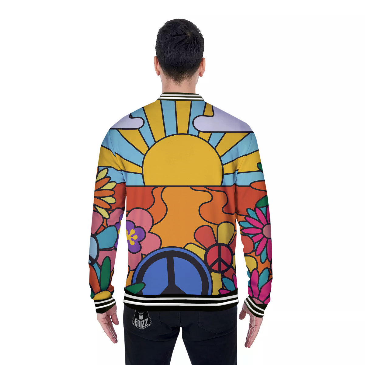 Peace Sign Hippie Flower Print Baseball Jacket-grizzshop