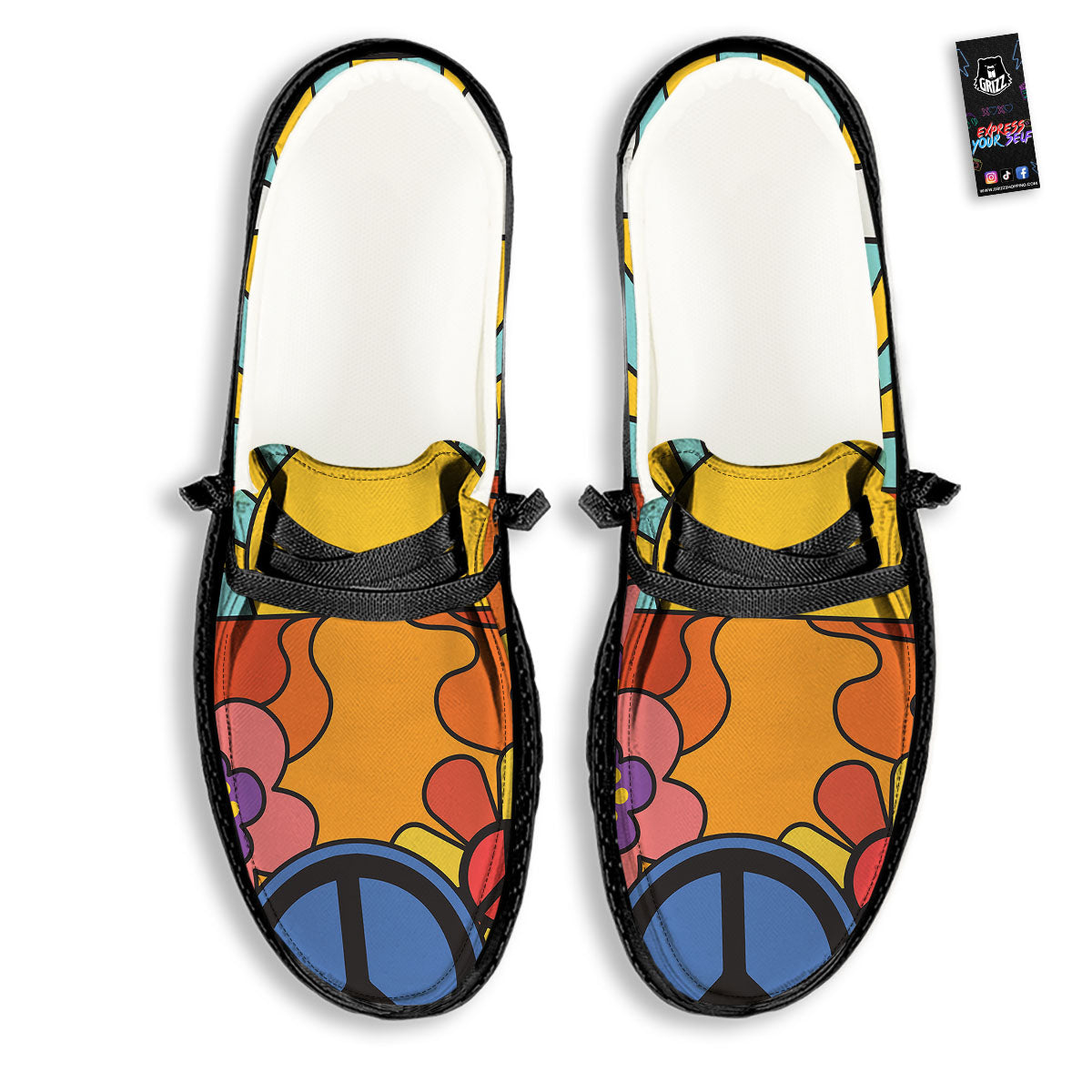 Peace Sign Hippie Flower Print Black Loafers-grizzshop