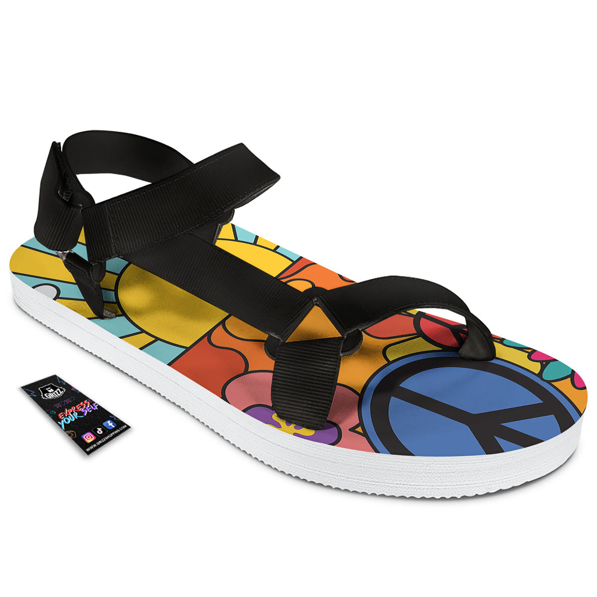 Peace Sign Hippie Flower Print Black Open Toe Sandals-grizzshop