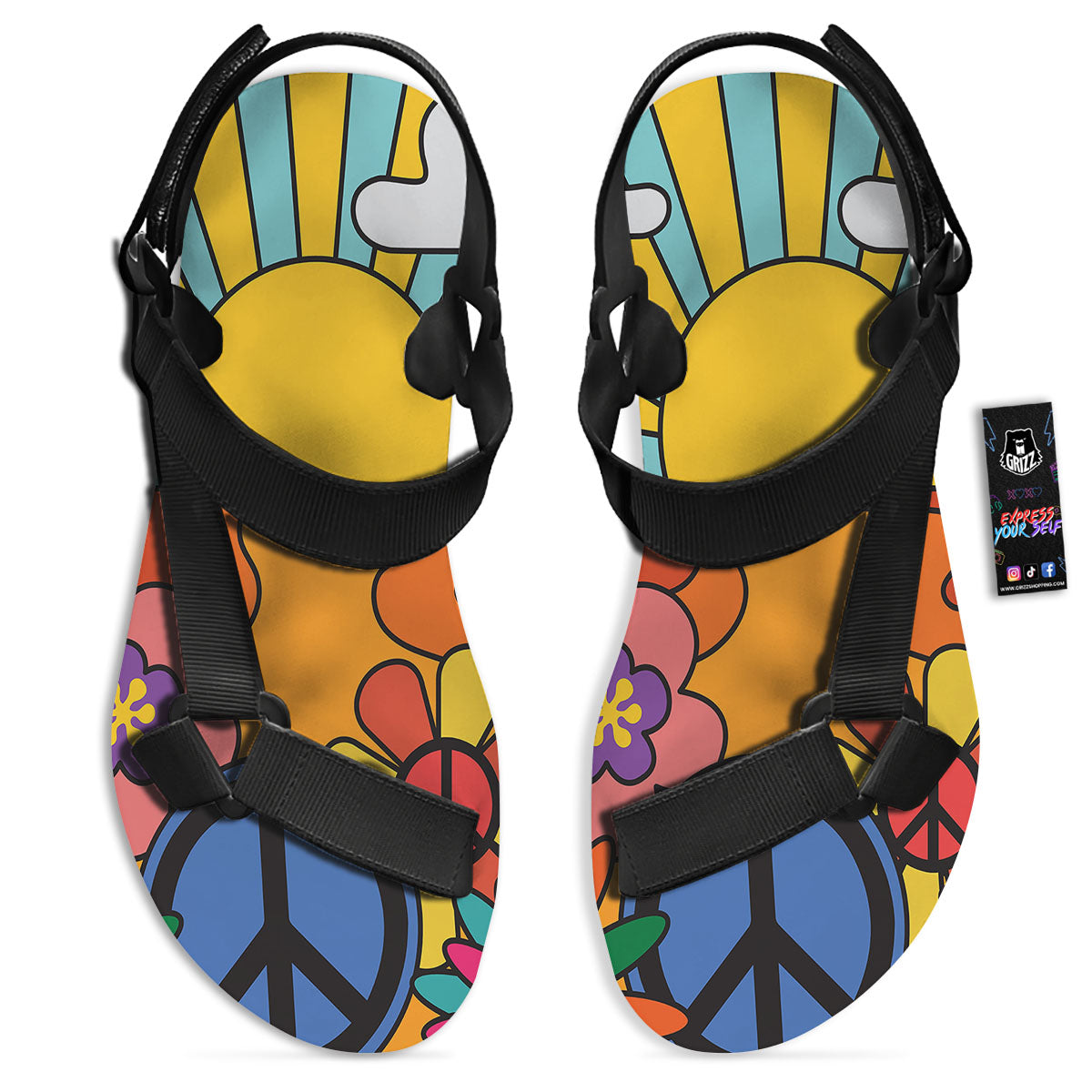 Peace Sign Hippie Flower Print Black Open Toe Sandals-grizzshop