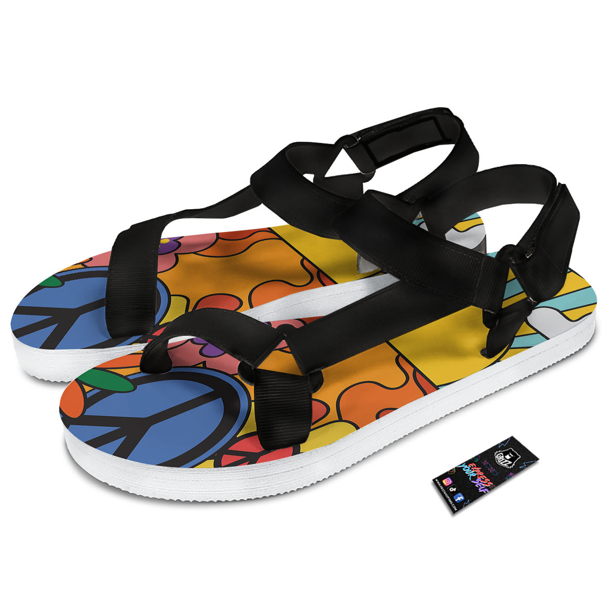 Peace Sign Hippie Flower Print Black Open Toe Sandals-grizzshop