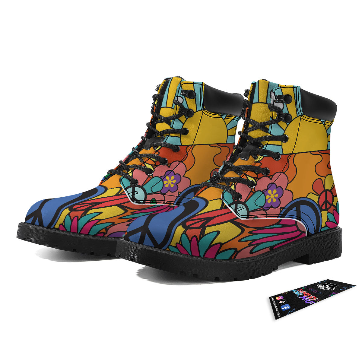 Peace Sign Hippie Flower Print Boots-grizzshop