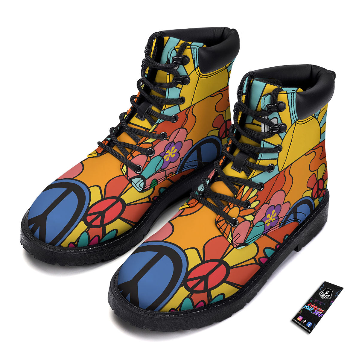 Peace Sign Hippie Flower Print Boots-grizzshop