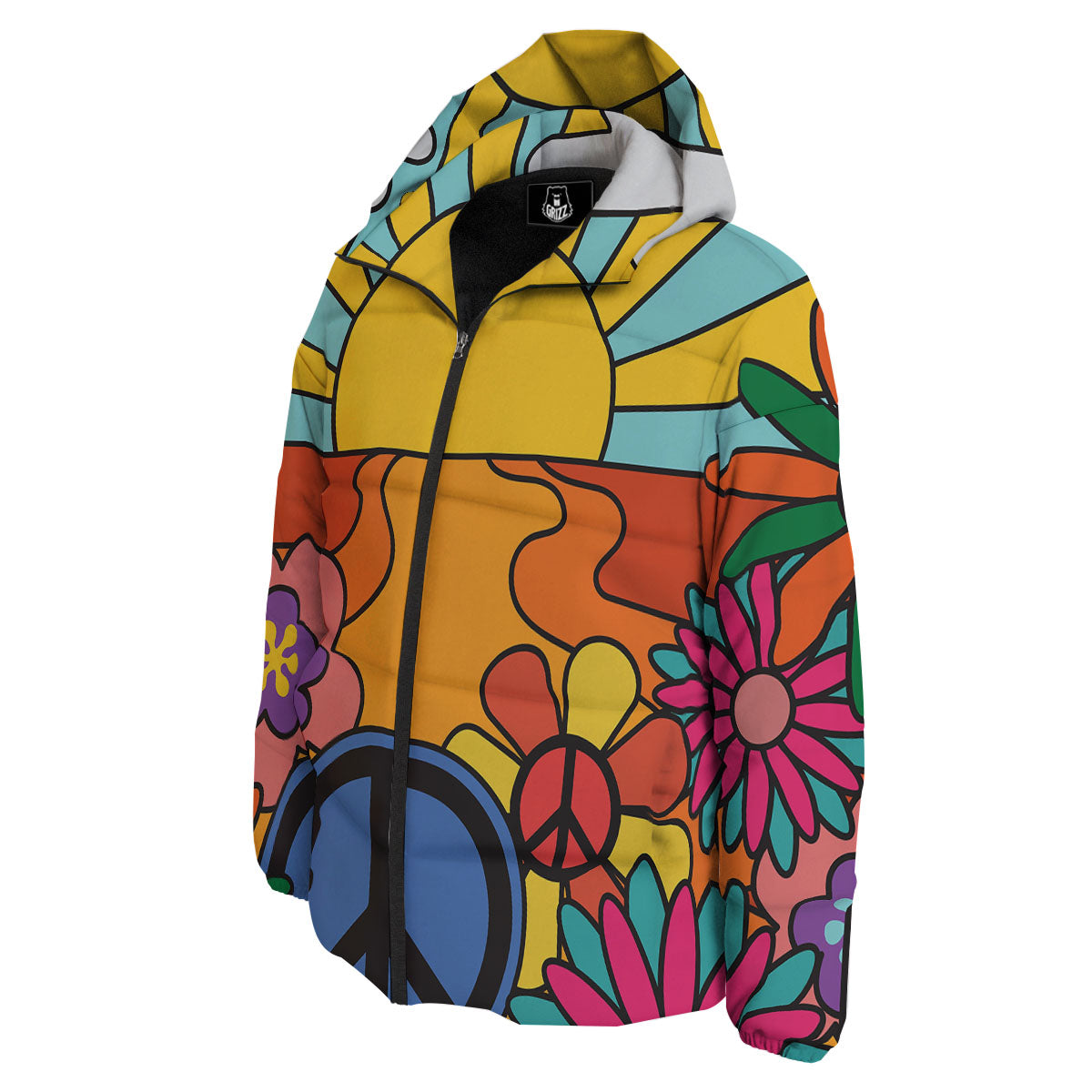 Peace Sign Hippie Flower Print Down Jacket-grizzshop