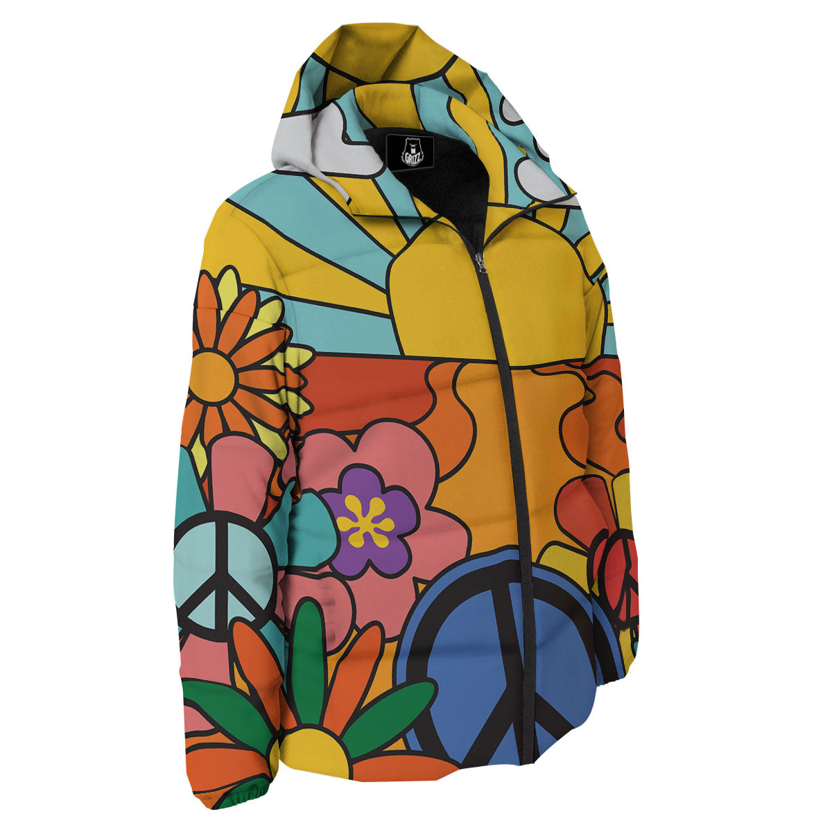 Peace Sign Hippie Flower Print Down Jacket-grizzshop
