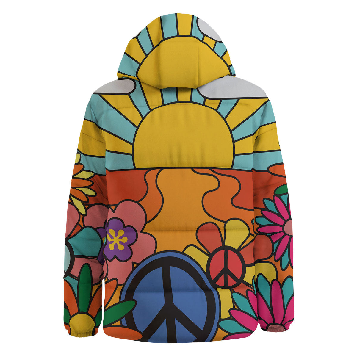 Peace Sign Hippie Flower Print Down Jacket-grizzshop