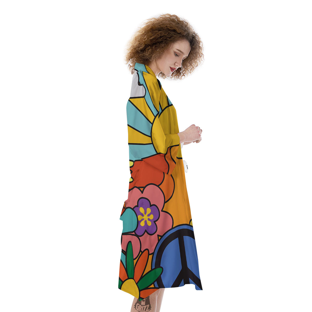 Peace Sign Hippie Flower Print Kimono-grizzshop