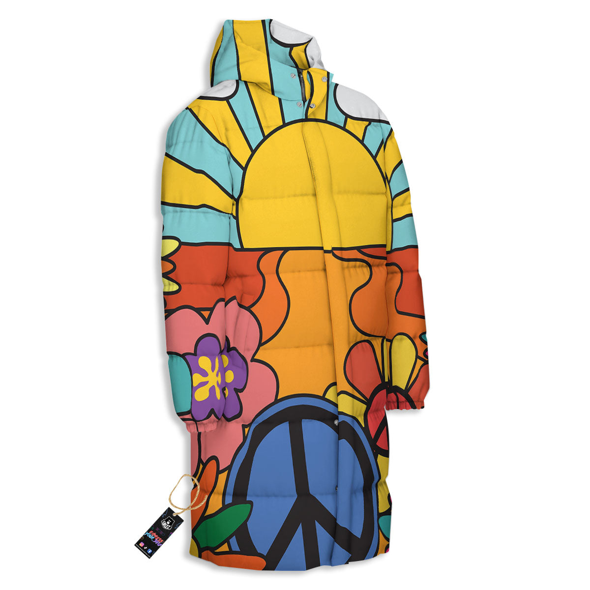 Peace Sign Hippie Flower Print Long Down Jacket-grizzshop