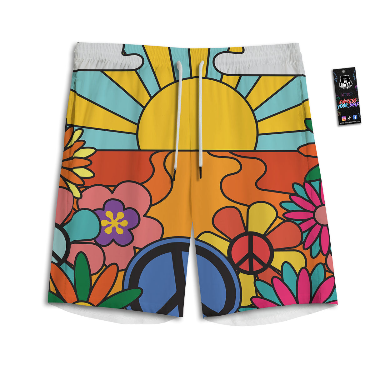 Peace Sign Hippie Flower Print Men's Athletic Shorts