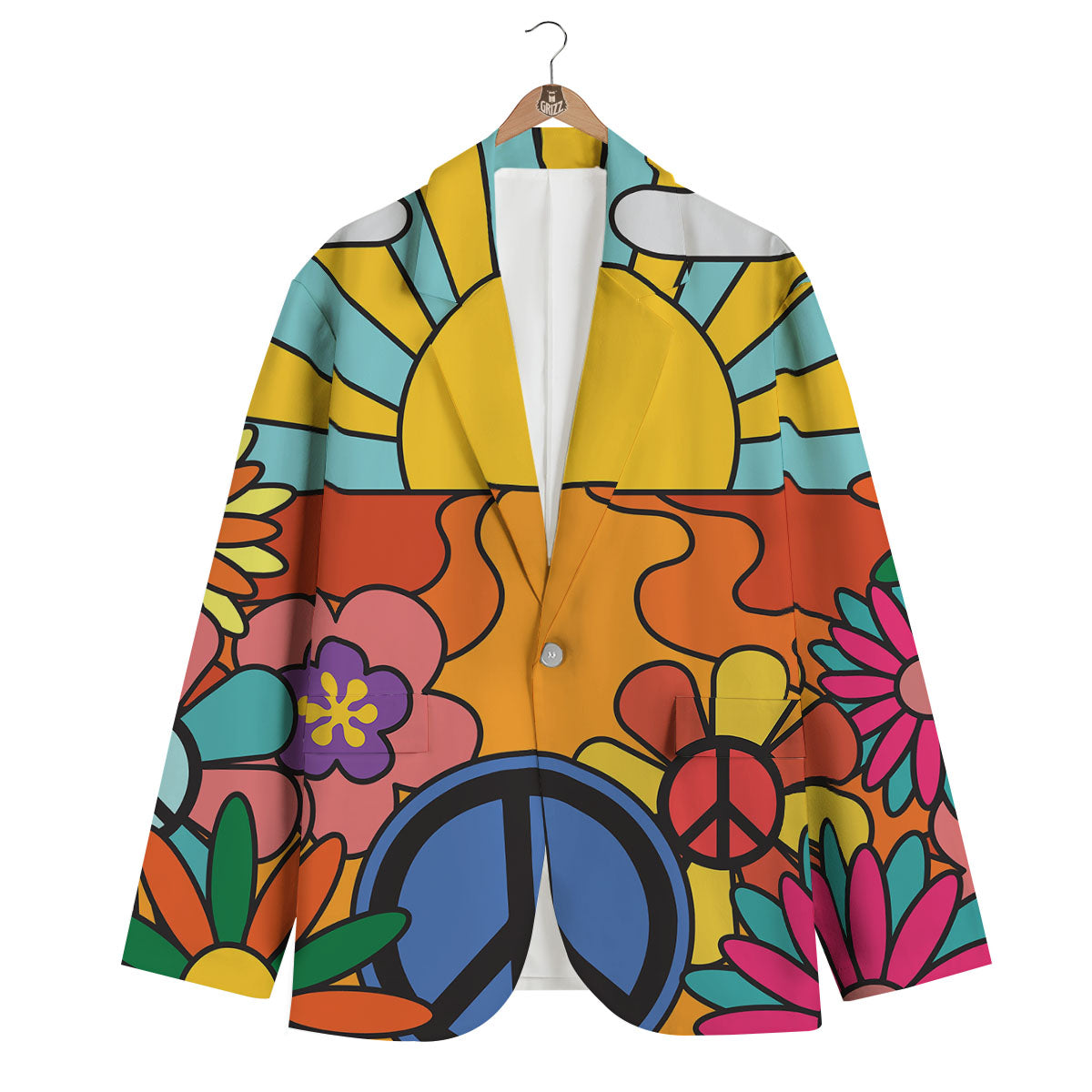 Peace Sign Hippie Flower Print Men's Blazer-grizzshop