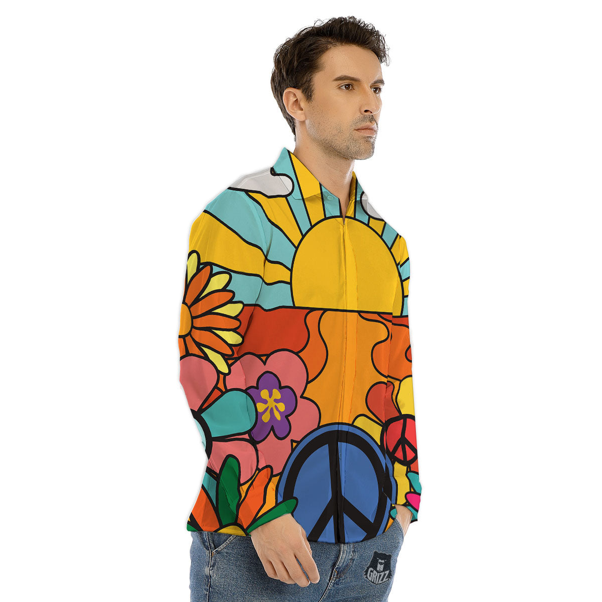 Peace Sign Hippie Flower Print Men's Dress Shirts-grizzshop
