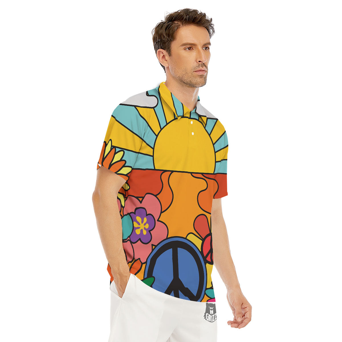 Peace Sign Hippie Flower Print Men's Golf Shirts-grizzshop