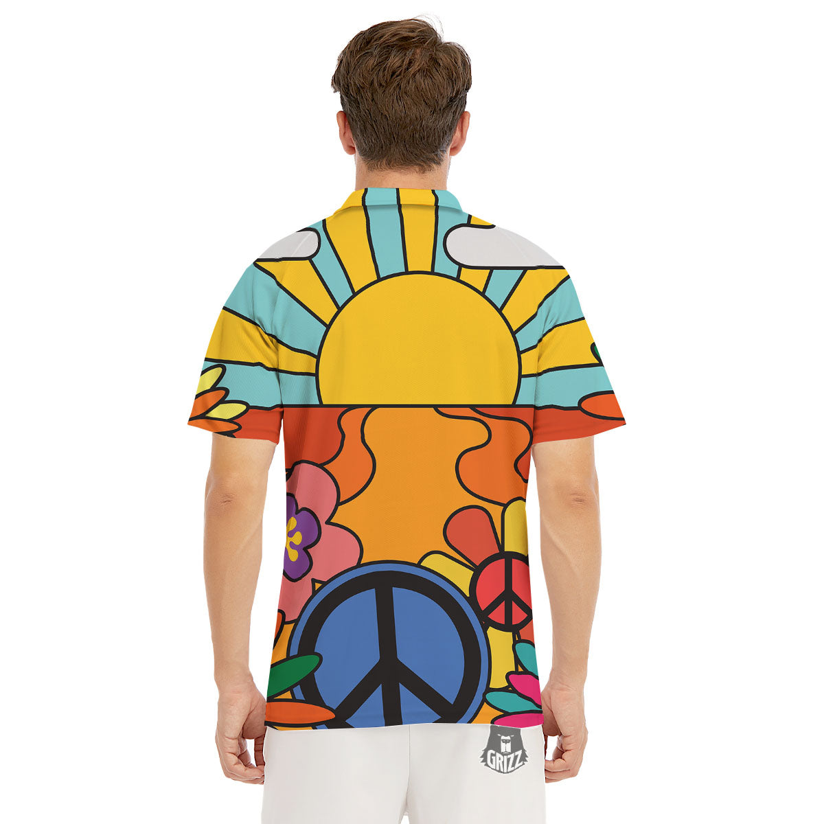 Peace Sign Hippie Flower Print Men's Golf Shirts-grizzshop