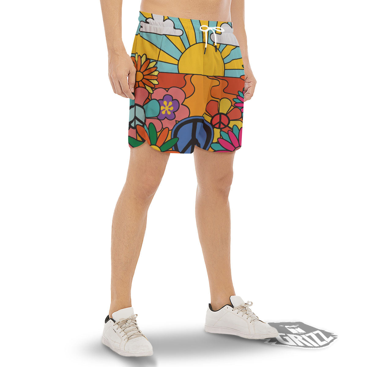 Peace Sign Hippie Flower Print Men's Gym Shorts-grizzshop