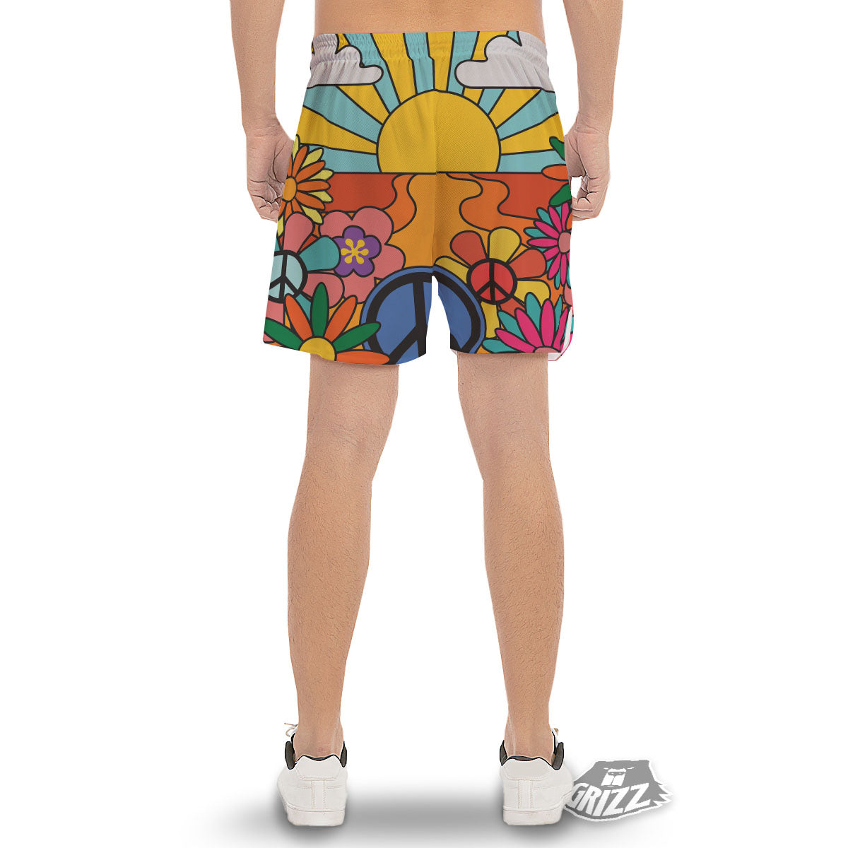 Peace Sign Hippie Flower Print Men's Gym Shorts-grizzshop