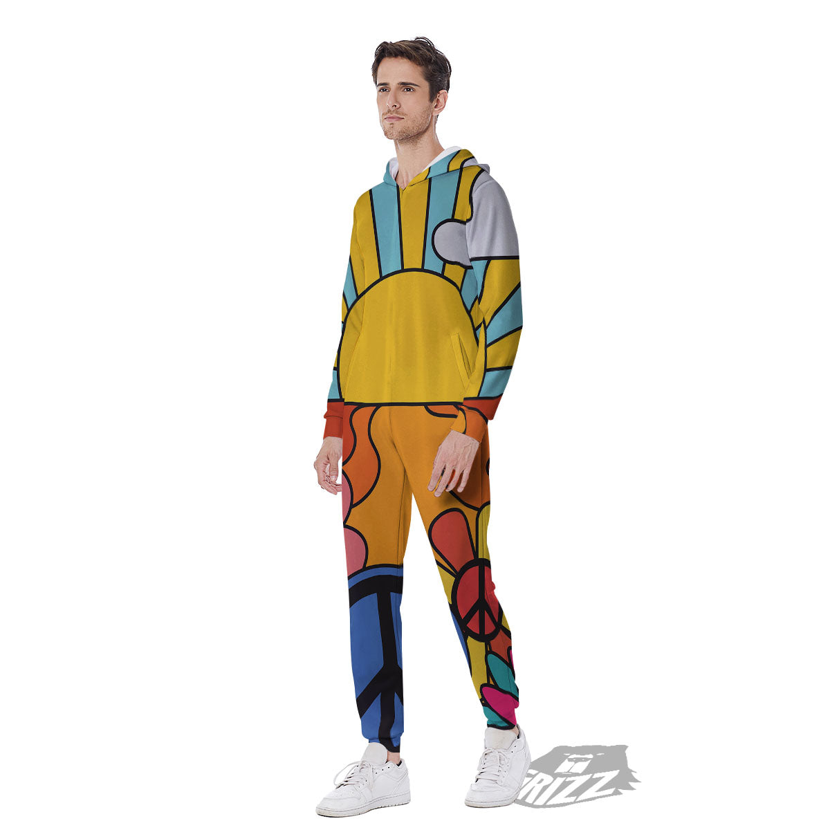 Peace Sign Hippie Flower Print Men's Jumpsuit-grizzshop