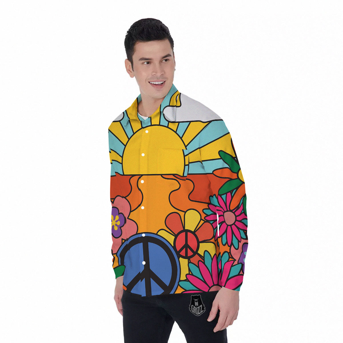 Peace Sign Hippie Flower Print Men's Long Sleeve Shirts-grizzshop