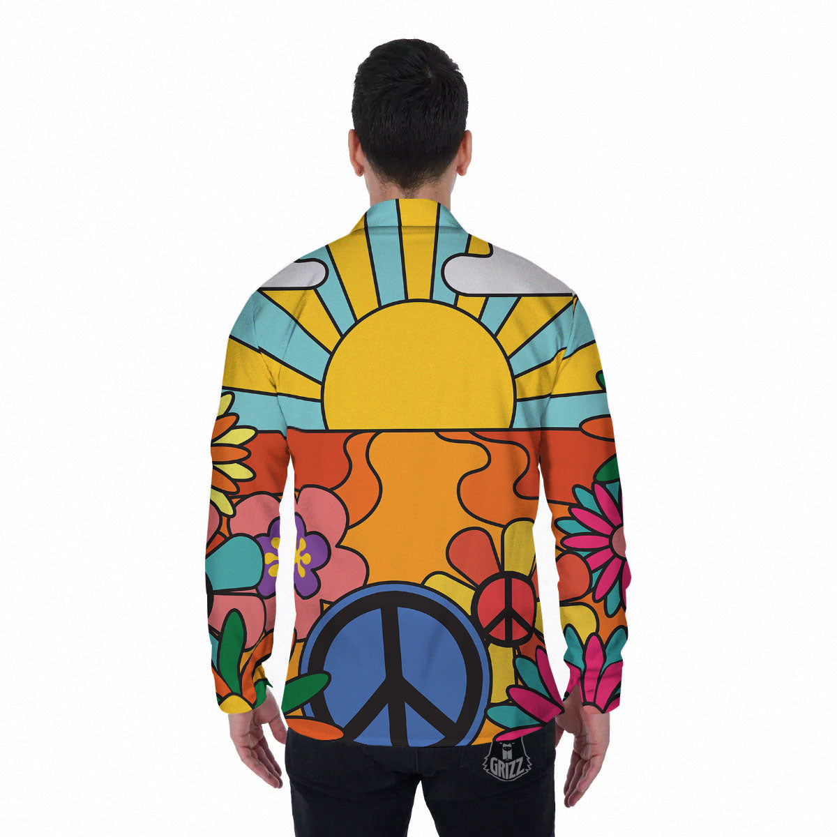 Peace Sign Hippie Flower Print Men's Long Sleeve Shirts-grizzshop