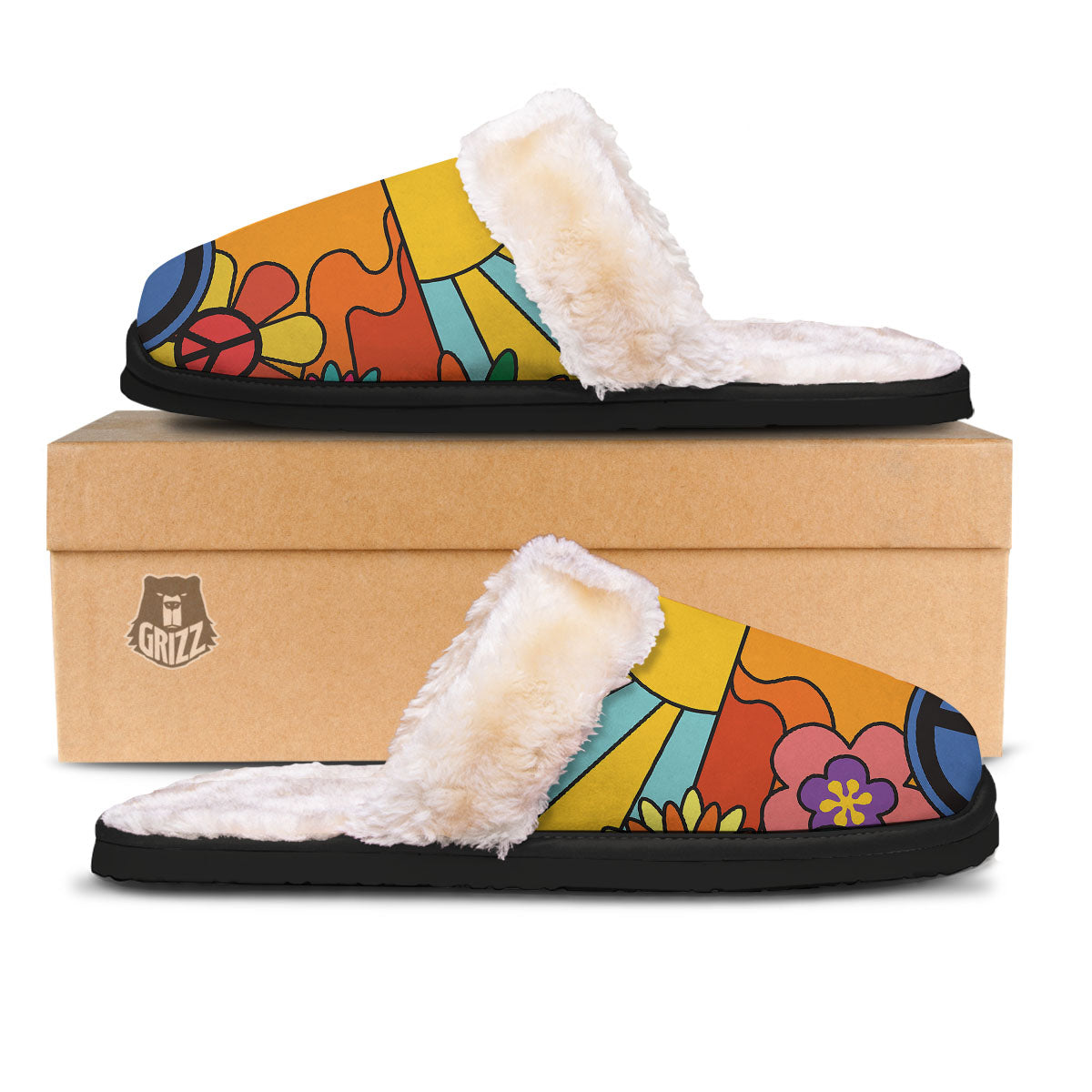 Peace Sign Hippie Flower Print Slippers-grizzshop