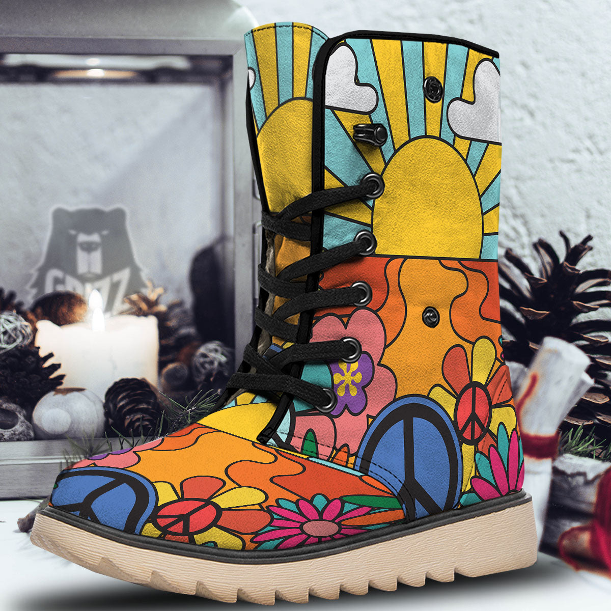 Peace Sign Hippie Flower Print Snow Boots-grizzshop