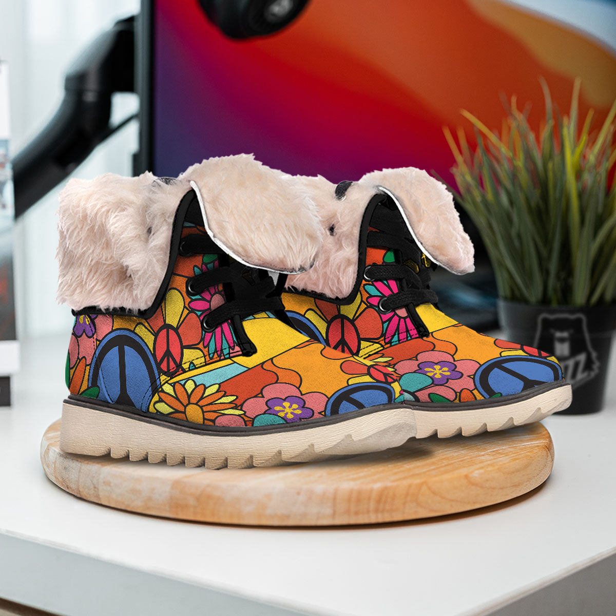 Peace Sign Hippie Flower Print Snow Boots-grizzshop