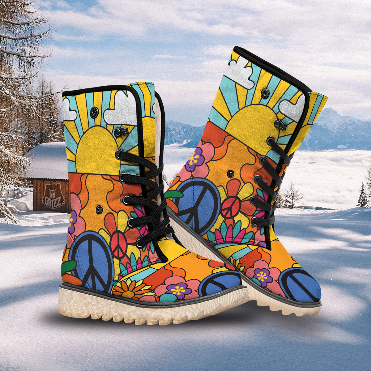 Peace Sign Hippie Flower Print Snow Boots-grizzshop