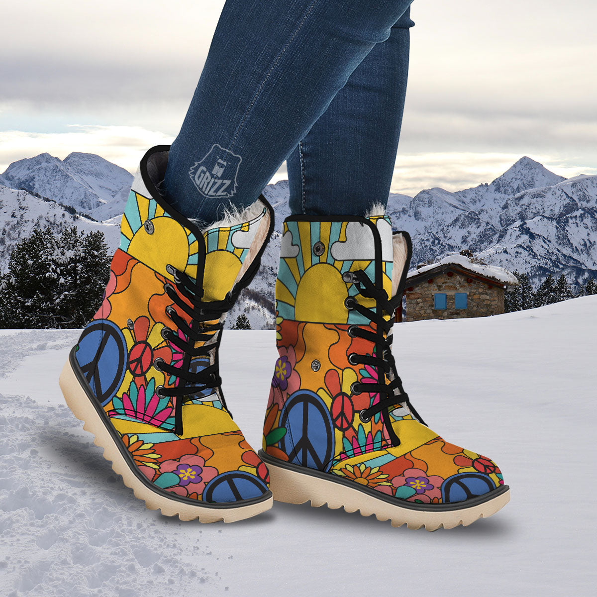 Peace Sign Hippie Flower Print Snow Boots-grizzshop