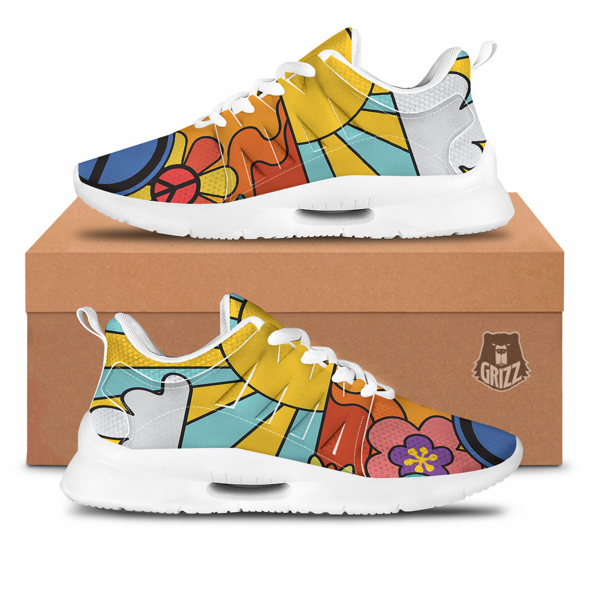 Peace Sign Hippie Flower Print Tennis Shoes-grizzshop
