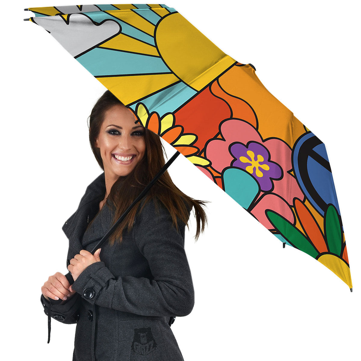 Peace Sign Hippie Flower Print Umbrella-grizzshop