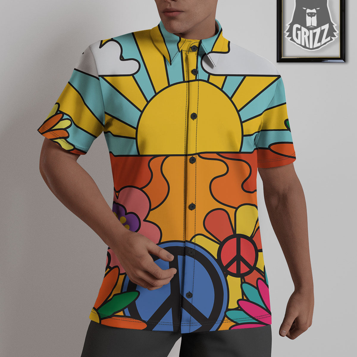 Peace Sign Hippie Flower Print Untucked Shirts-grizzshop