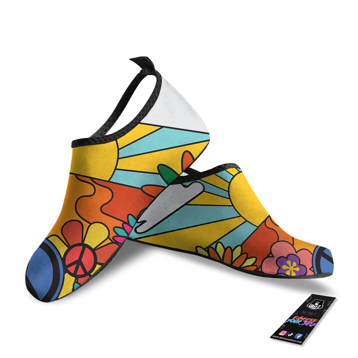 Peace Sign Hippie Flower Print Water Shoes-grizzshop