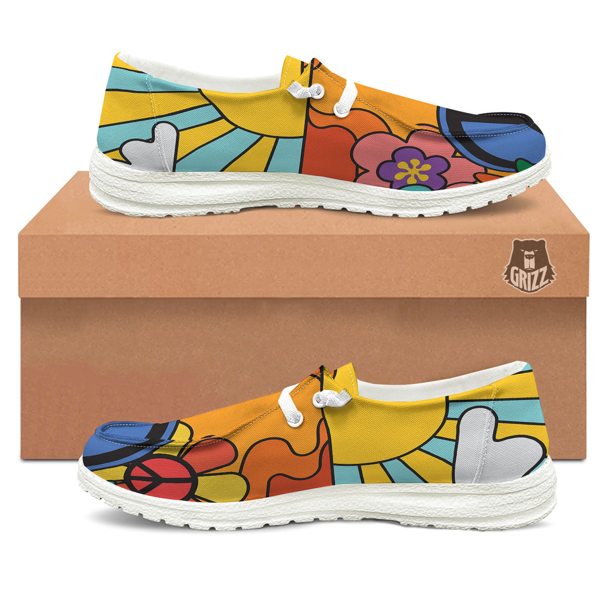 Peace Sign Hippie Flower Print White Loafers-grizzshop