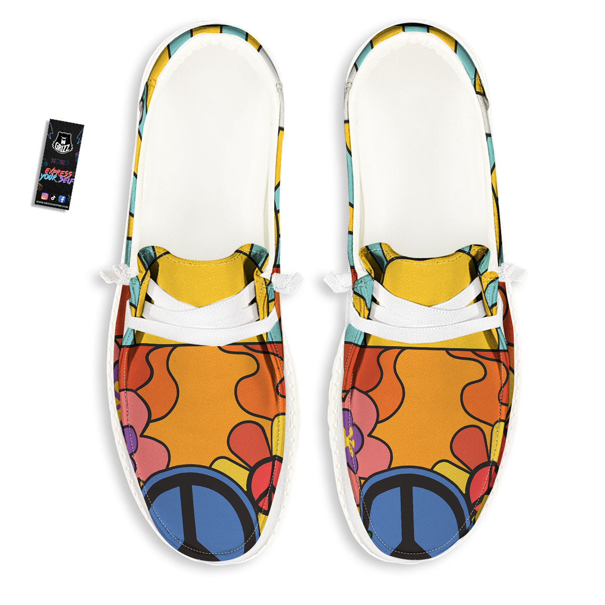 Peace Sign Hippie Flower Print White Loafers-grizzshop