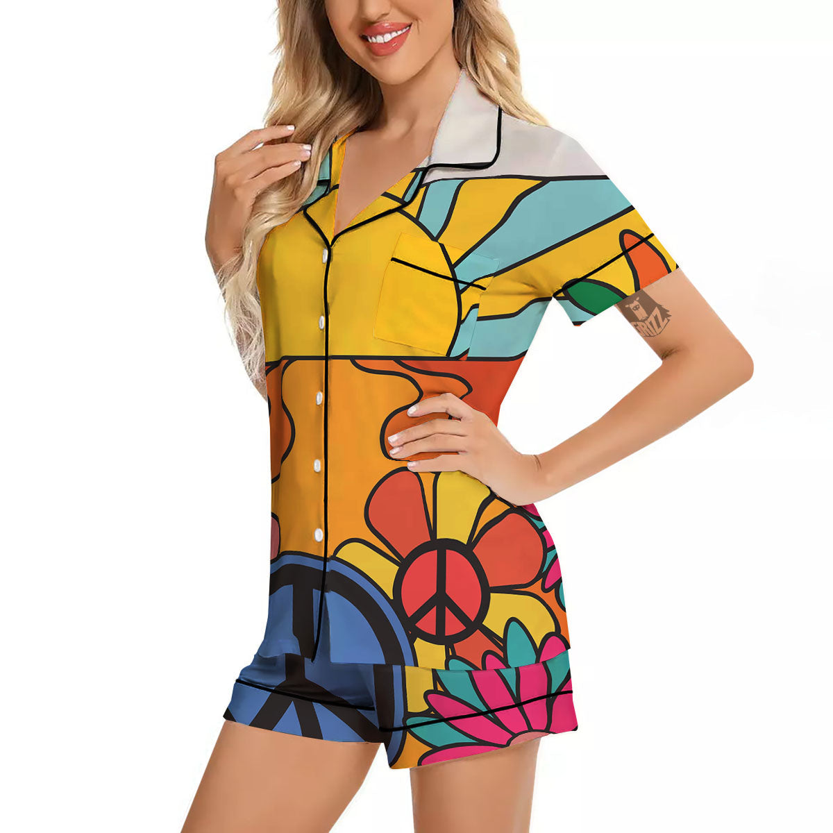 Peace Sign Hippie Flower Print Women Silk Pajamas-grizzshop