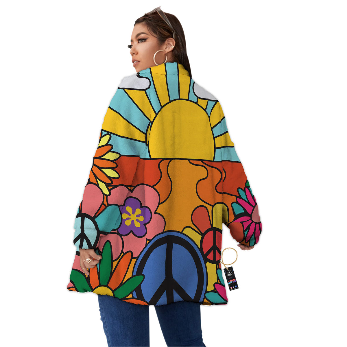 Peace Sign Hippie Flower Print Women's Sherpa Jacket-grizzshop