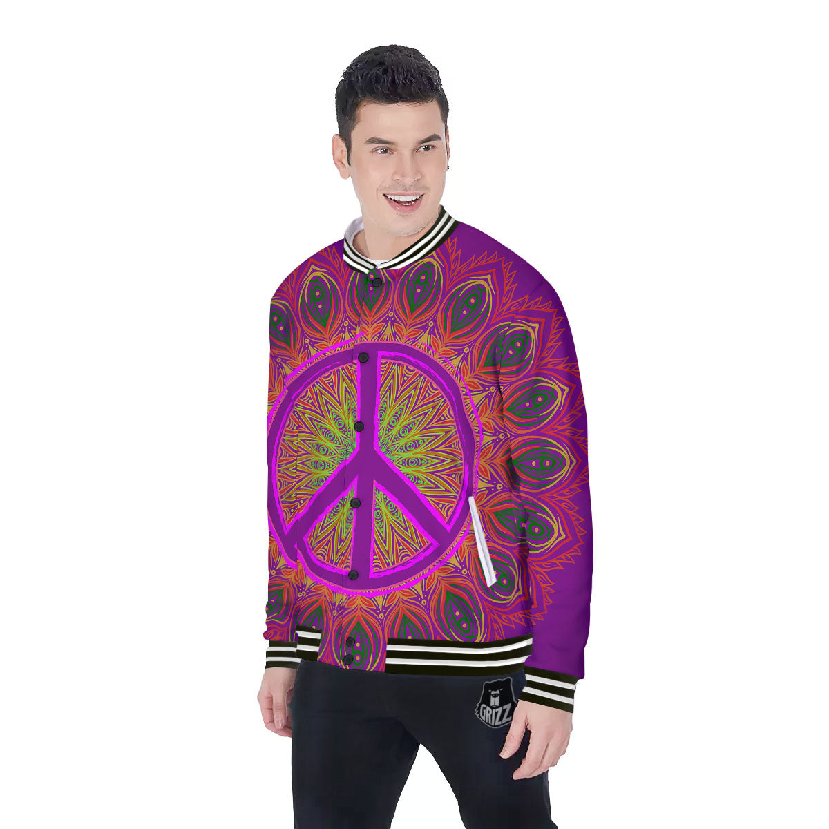 Peace Sign Psychedelic Hippie Print Baseball Jacket-grizzshop