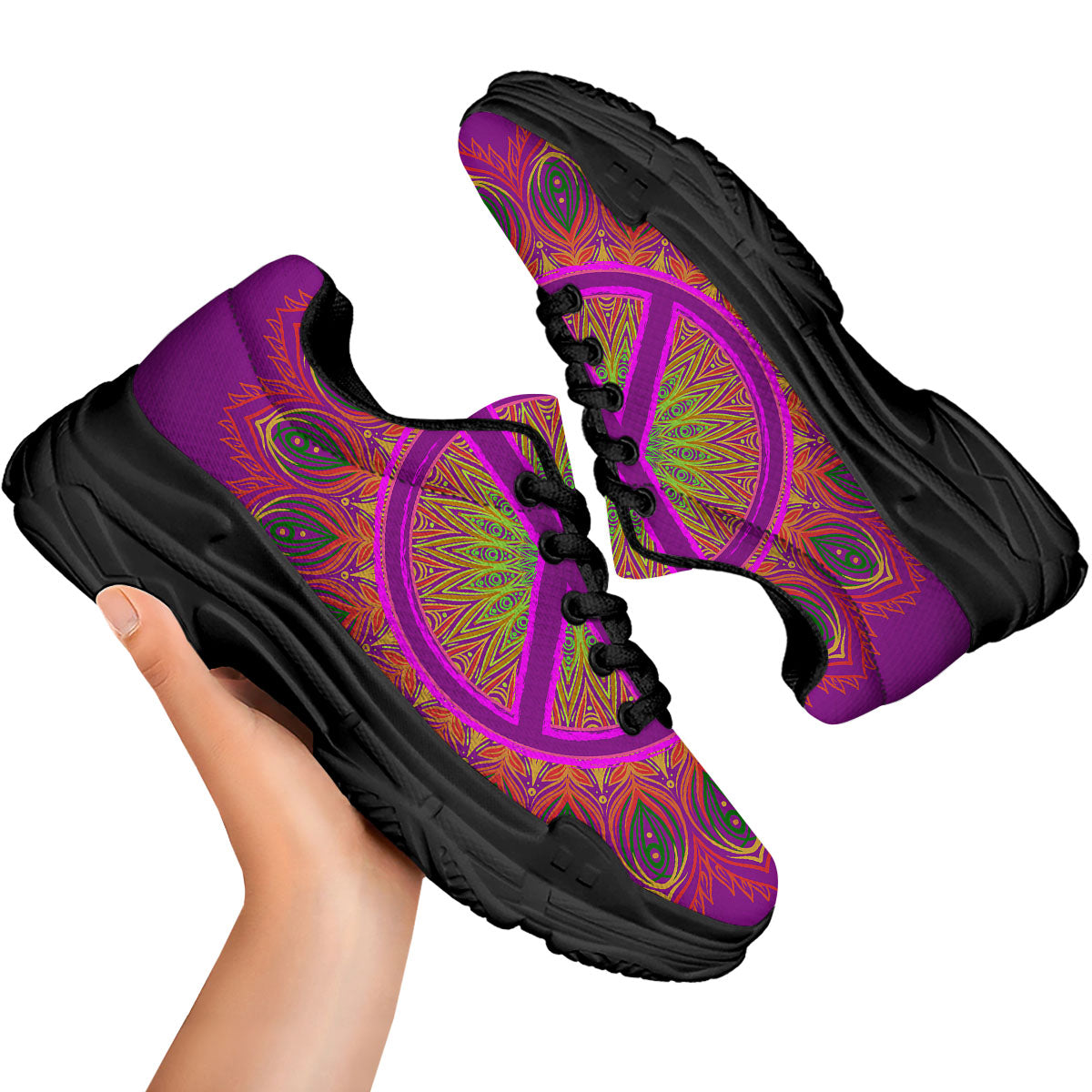 Peace Sign Psychedelic Hippie Print Black Chunky Shoes-grizzshop