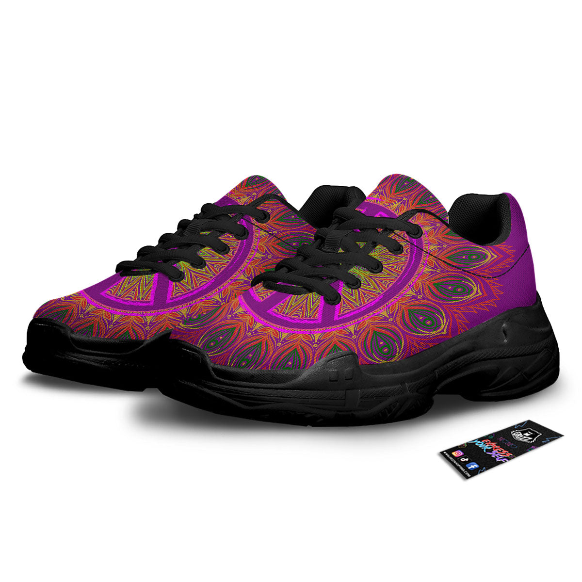 Peace Sign Psychedelic Hippie Print Black Chunky Shoes-grizzshop