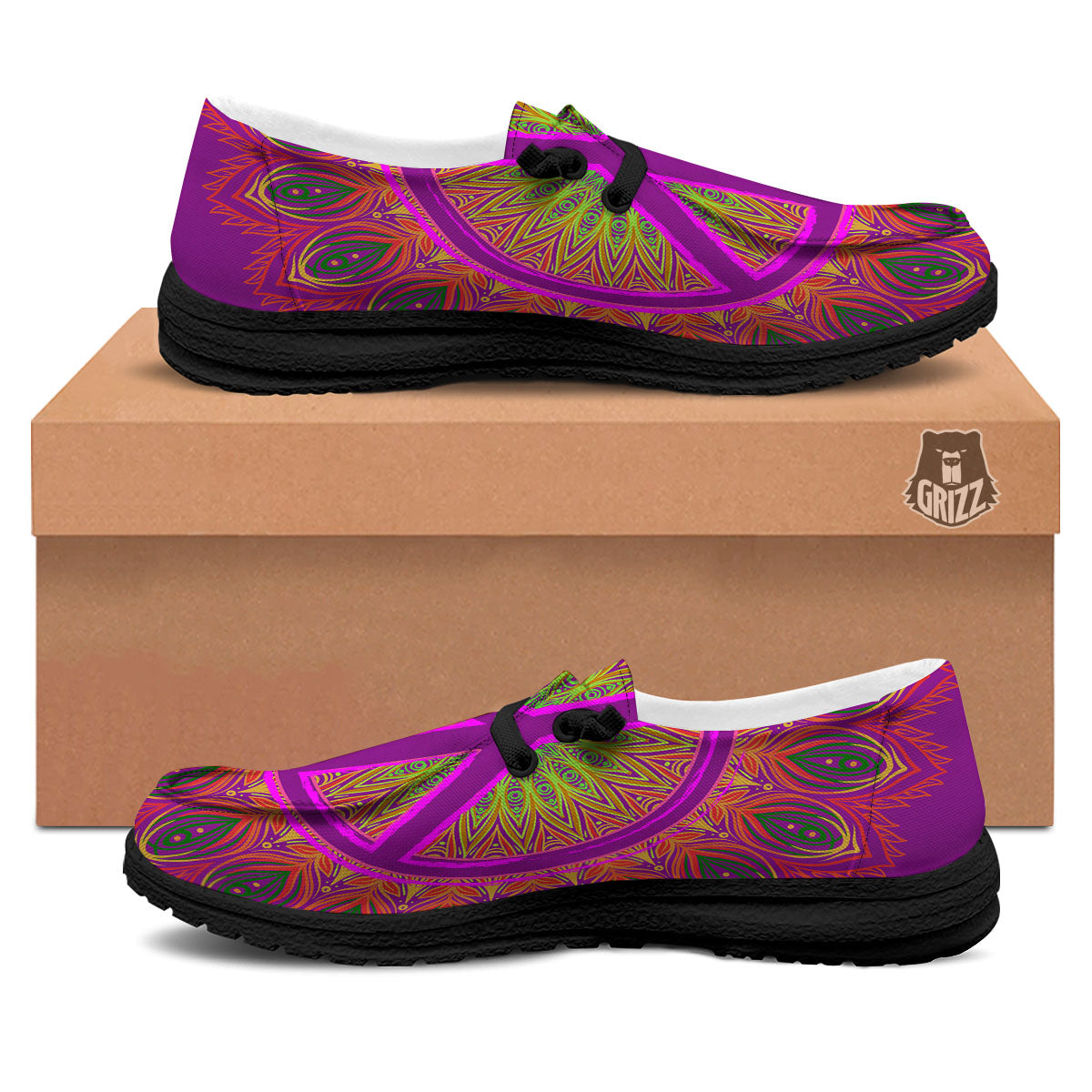 Peace Sign Psychedelic Hippie Print Black Loafers-grizzshop