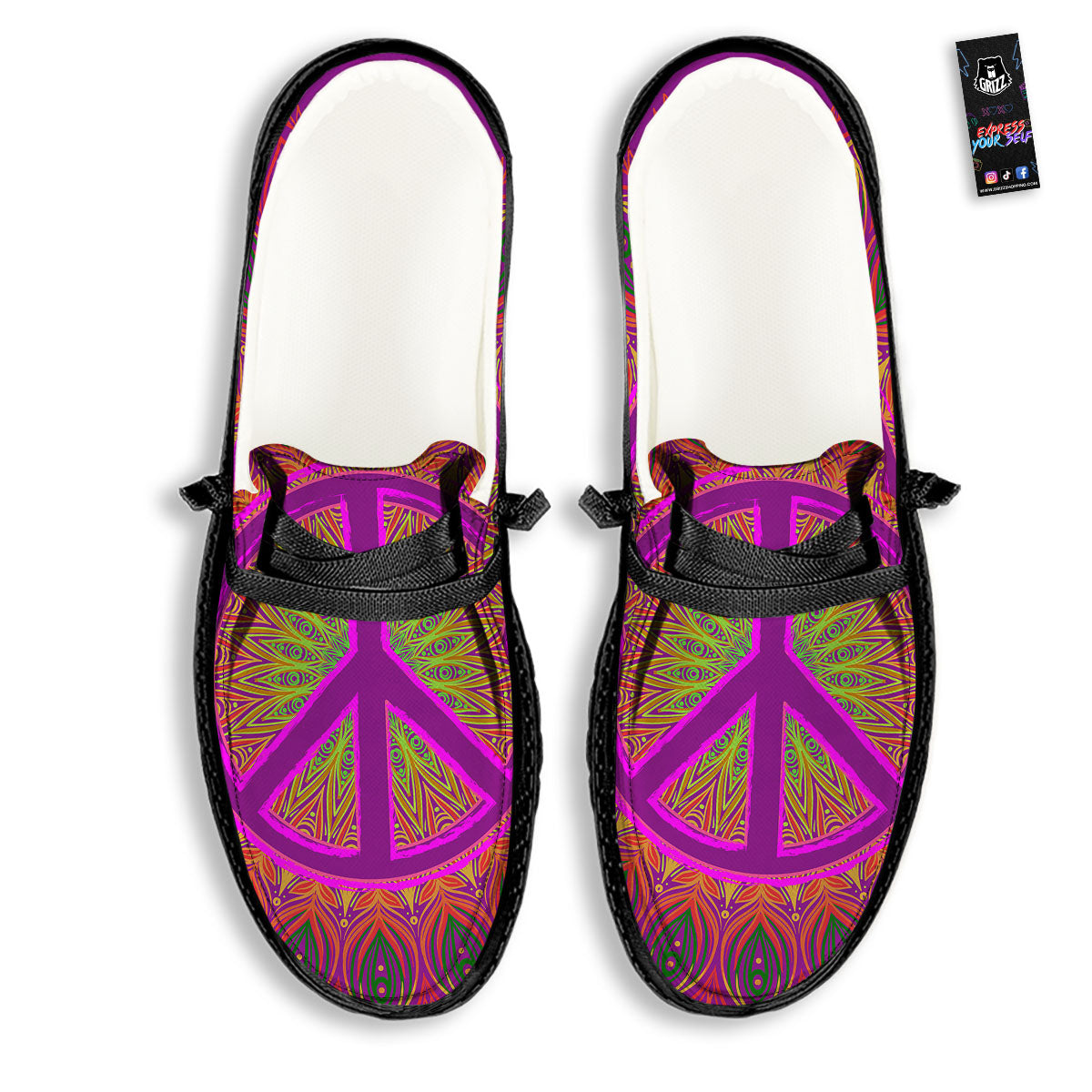 Peace Sign Psychedelic Hippie Print Black Loafers-grizzshop