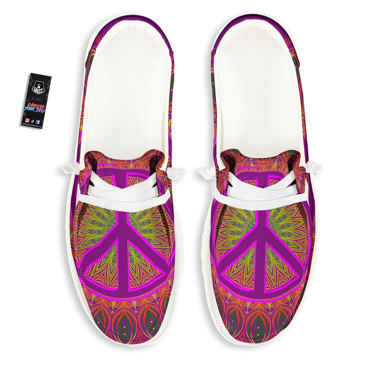 Peace Sign Psychedelic Hippie Print Black Loafers-grizzshop