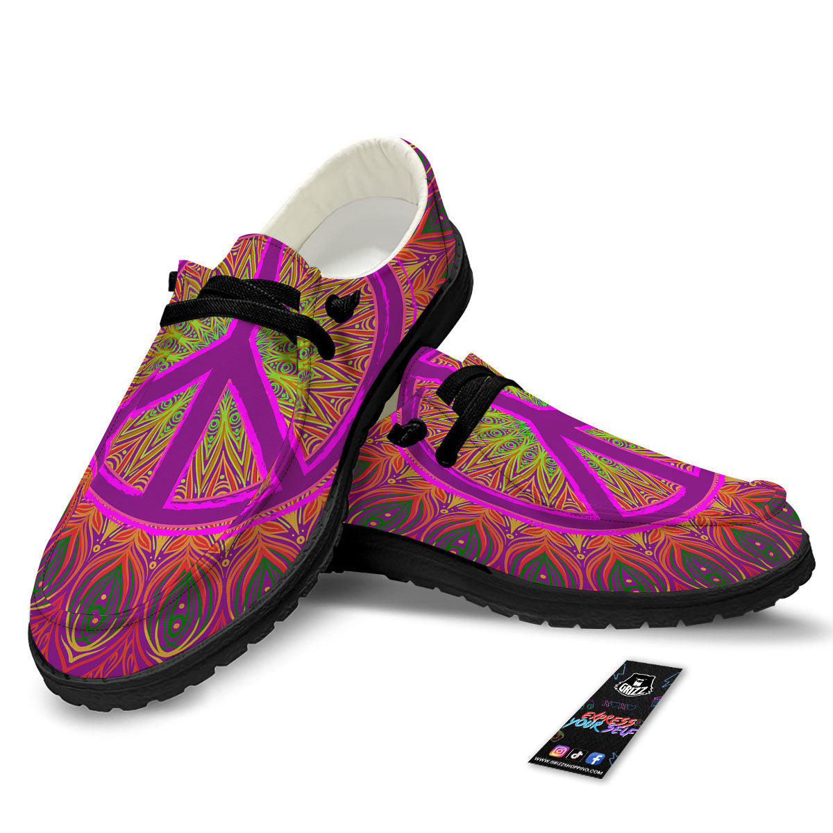 Peace Sign Psychedelic Hippie Print Black Loafers-grizzshop