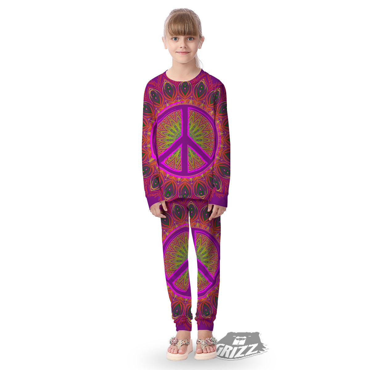 Peace Sign Psychedelic Hippie Print Kid's Pajamas-grizzshop