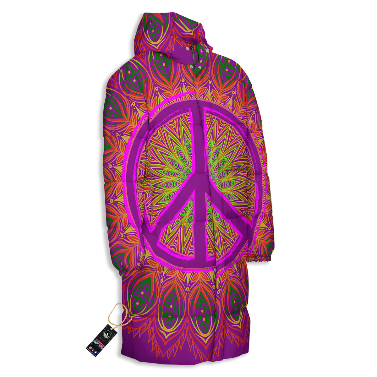 Peace Sign Psychedelic Hippie Print Long Down Jacket-grizzshop