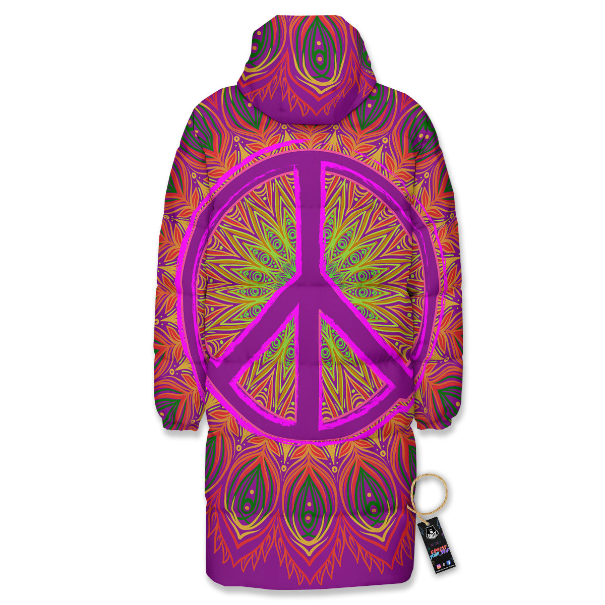 Peace Sign Psychedelic Hippie Print Long Down Jacket-grizzshop