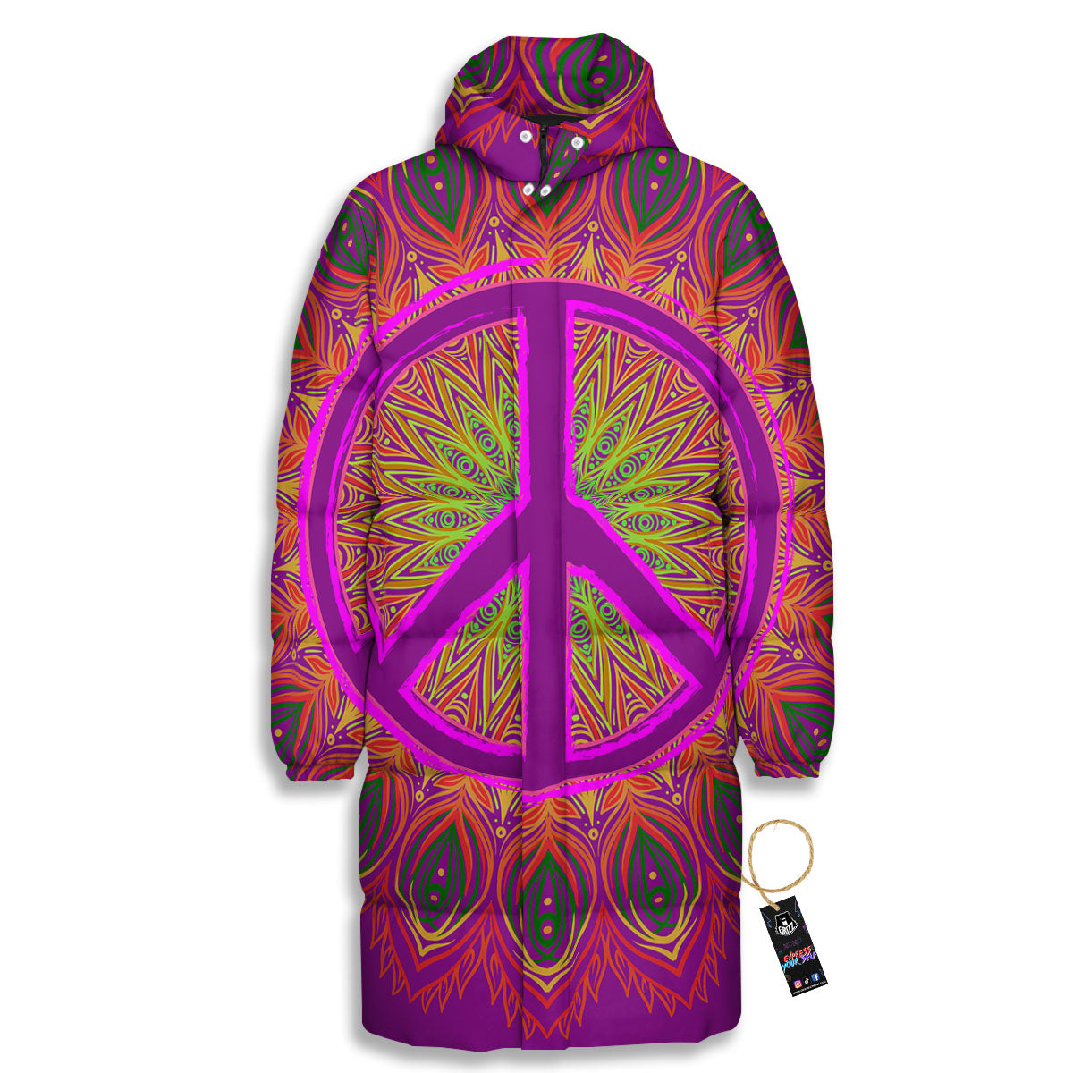 Peace Sign Psychedelic Hippie Print Long Down Jacket-grizzshop